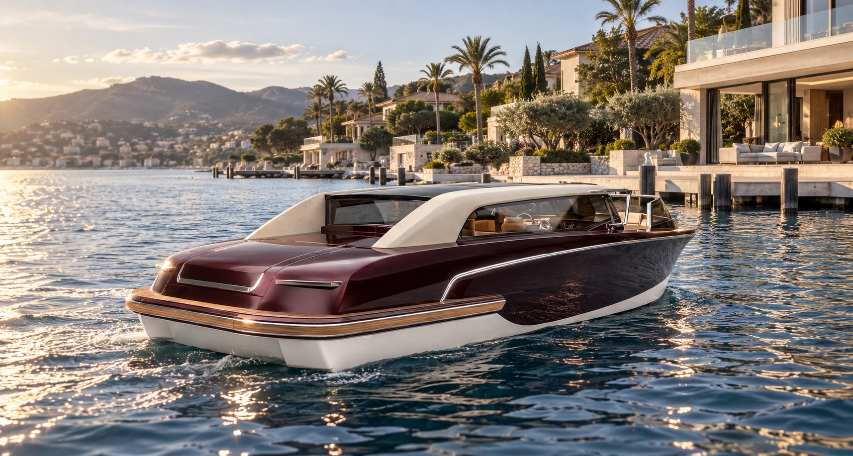 Private water limousine arriving at a waterfront residence
