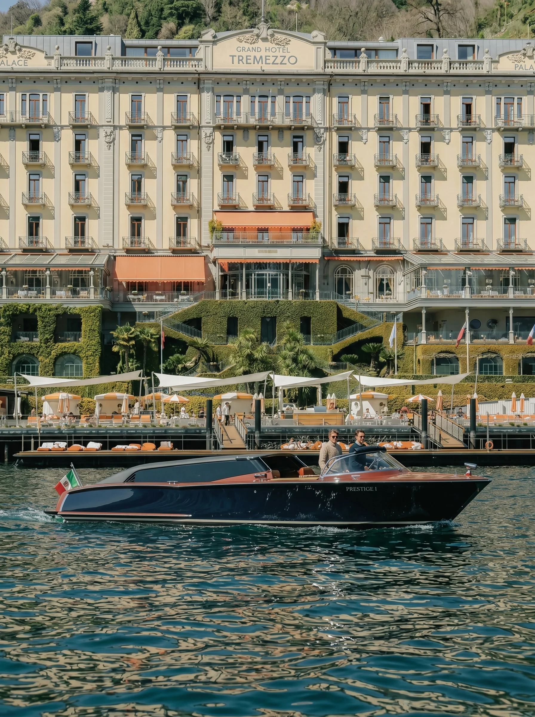 Vizianello Thunder water limousine arriving at a lakeside hotel